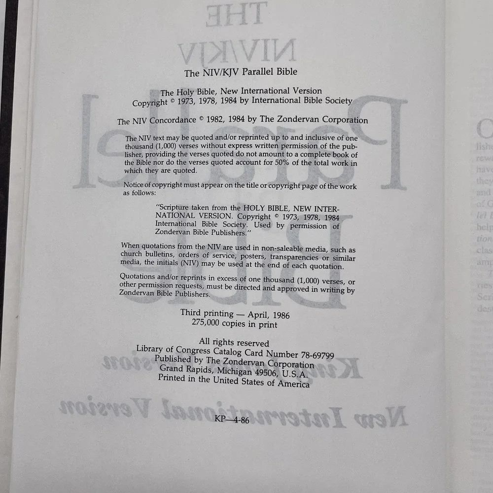 NIV/KJV Parallel Bible 1986 Third Printing Zondervan Bible Publishers‎ Hardcover